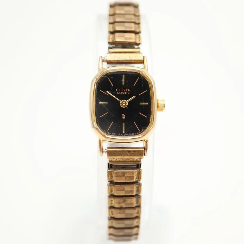 Vintage Citizen Black Gold Tone 17mm Petite Watch Metal Stretch Band New Battery
